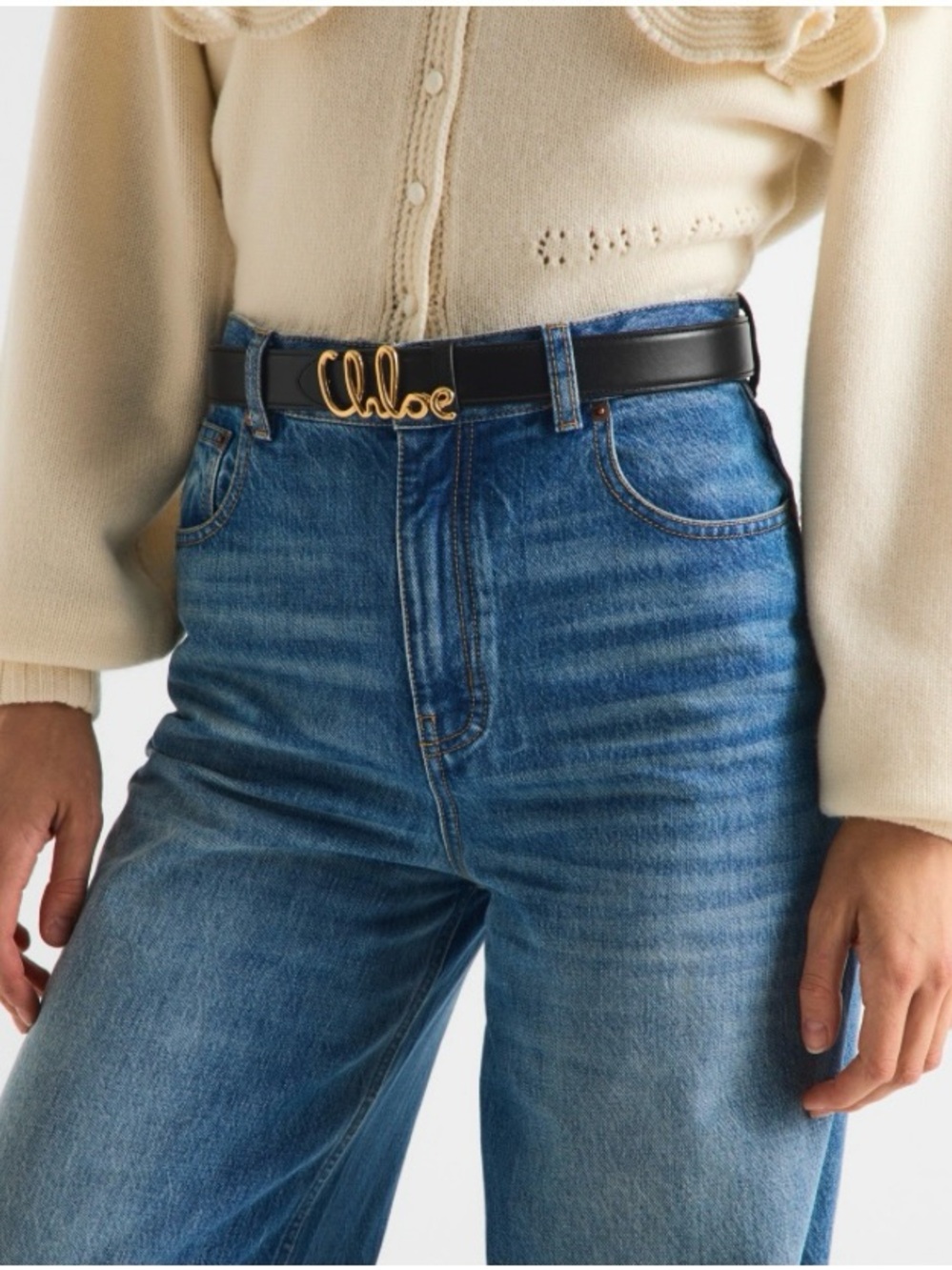 Chloé Black Leather Iconic Logo Buckle Belt with Gold Script